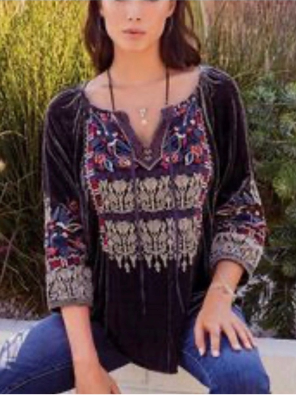 Johnny Was Embroidered Velvet Peasant Top - Charcoal Gray•Luxury Boho•Festival